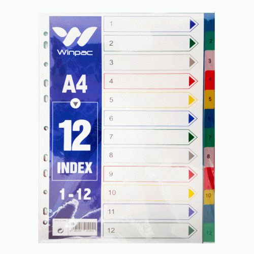 Index Card PP Plastic  A4, 12 Colours Tabs Number Winpac