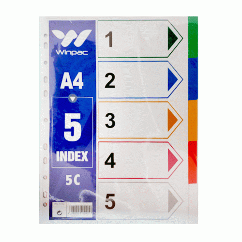 Index Card PP Plastic  A4, 5 Colours Tabs Winpac
