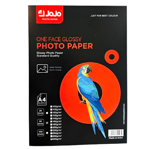 Photo Paper inkjet
A4, 300gsm 50 Sheets One side Glossy
Jojo
