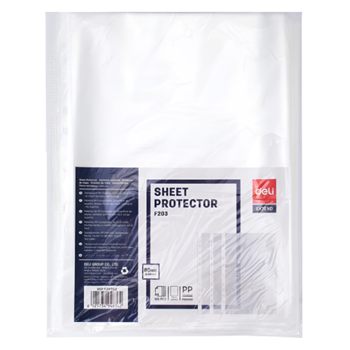 Sheet Protector Plastic Ref F20302
A4:80 mic pk 100
Deli