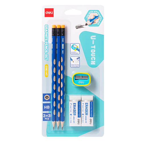 Wood Pencil Graphite Ref C067-MT
HB [Set]:sharpener, eraser
Deli
